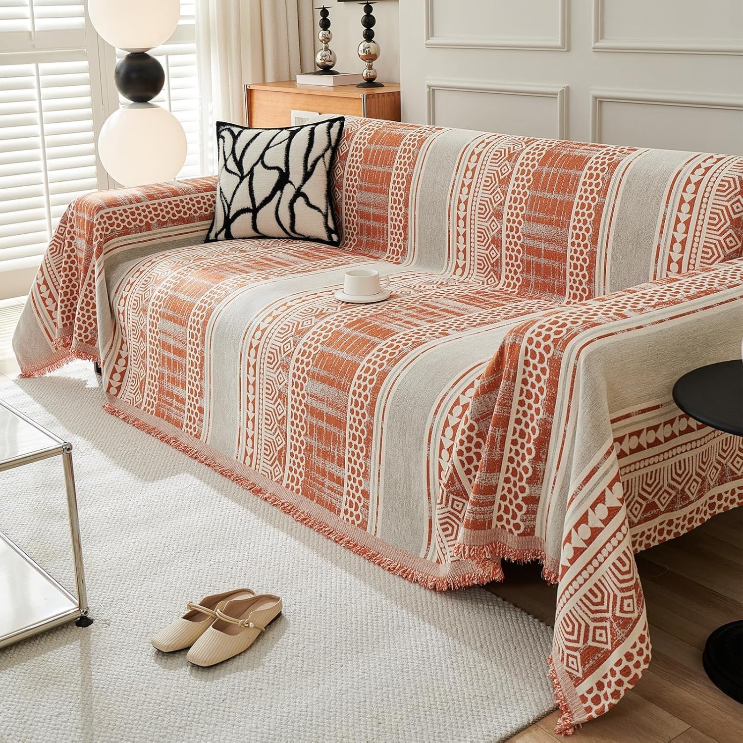 Coperta Arredo Reversibile in Ciniglia Stile Bohémien con Fantasia Geometrica per Divano Arancione 180 × 260 cm