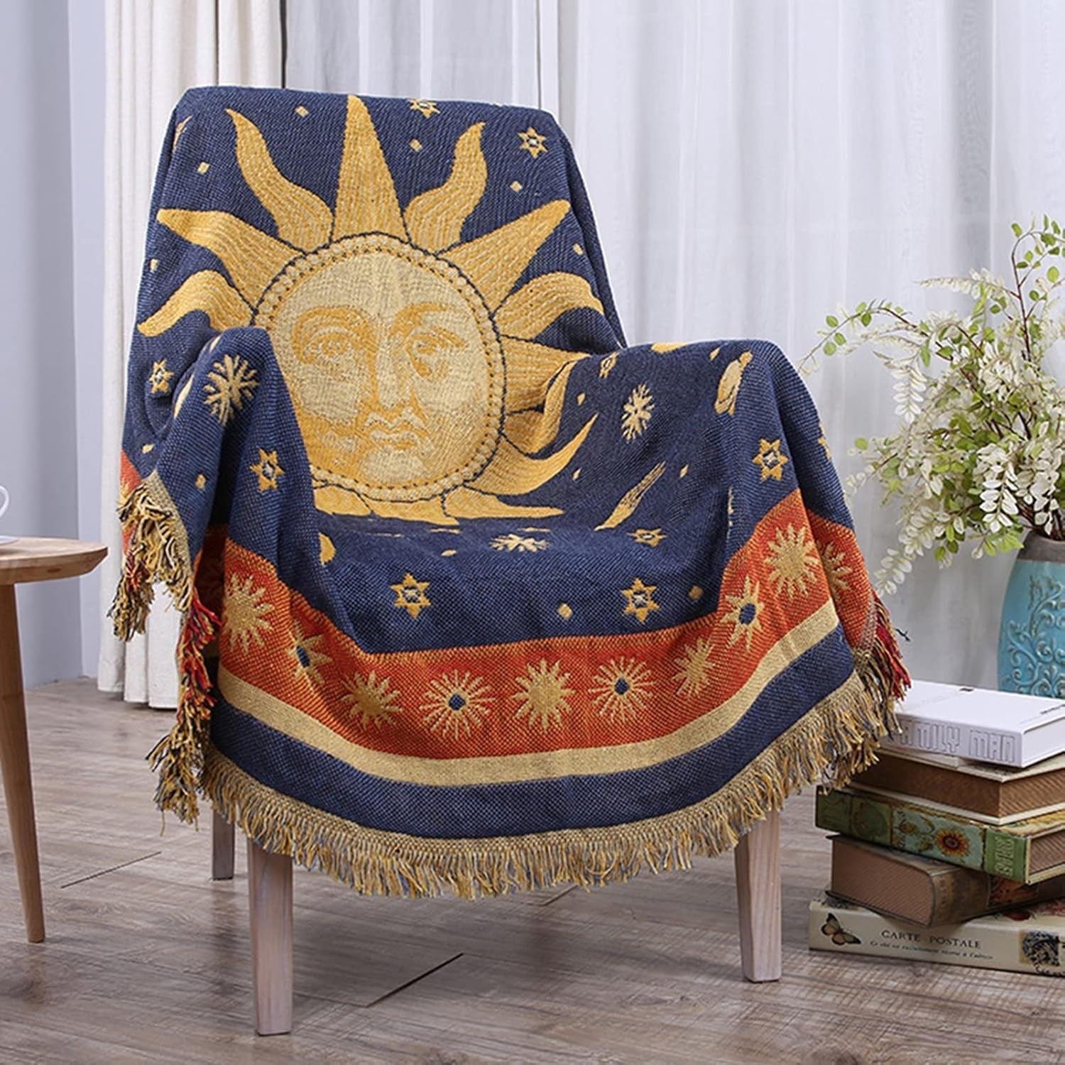 Coperta Boho con Frange per Divani Poltrone e Letti 130 × 180 cm Blu e Giallo